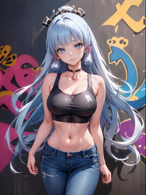 kamisato ayaka|genshin impact, master-piece, bestquality, 1girls,25 years old, proportional body, elongated legs, Beautiful, proportional., crop top, Long Jeans, mediuml breasts, ,bara, crop top, choker, (Graffiti:1.5), Splash with purple lightning pattern...