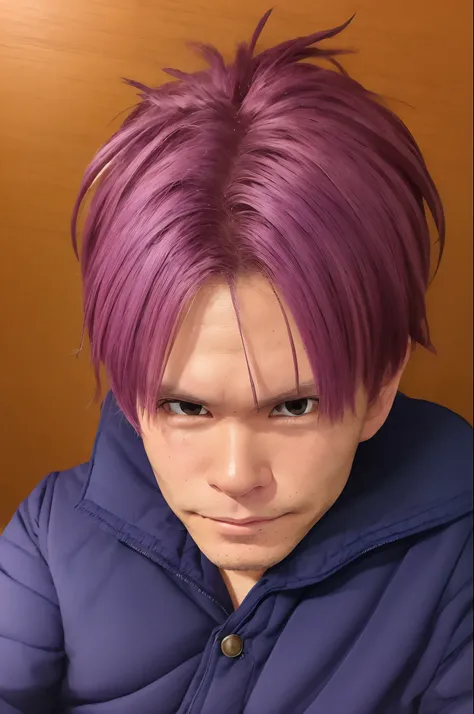 ((Highest Quality, masutepiece, 4K, Finely detailed, Detailed eyes, Detailed face, Intricate details)), ((Solo)), Male Focus, 1boy, Trunks (dragon balls), smirking, Looking at Viewer, Blushing slightly, arms folded, Purple hair, Blue eyes, No jacket, Shirt...