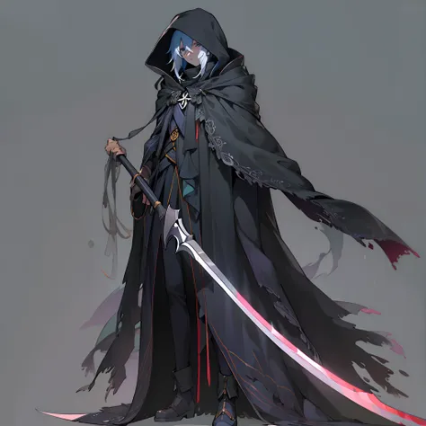 Anime artstyle, holding a scythe, wearing a stylish dark cloak, wrapped in bandages,full body,white background, wallpaper, HD quality, extremely detailed, highest quality digital art