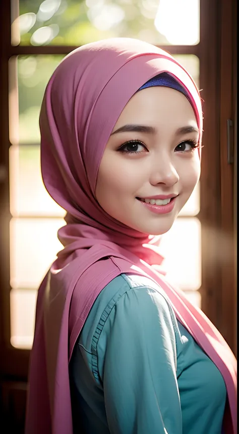 night scene, close up photo of a sexy naked malay girl with hijab, posing, look at a camera and smile, pink pastel hijab, (green...