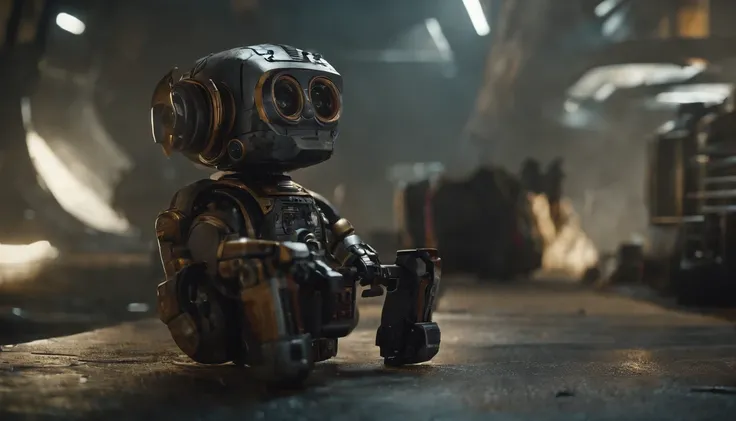 Chappie style babysitter ,a baby, Kid Robot,(masterpiece,extreme detailed,top quality) , Ruin ,very cute robot, （Movie lighting），（light and shadow effect），（unreal-engine），（Tyndall），（cinema4d），（Super futuristic fantasy style），（8k wallpaper），（tmasterpiece），（...