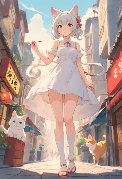 No shoes，Stand barefoot，Masterpiece，Extremely tall maiden，A giantess，Huge maiden，In the city，Full limbs，The face is delicate，White double ponytail，White eyes，White Lolita，Long-range shots，white stockings，There are cat ears on the head, white dresses， cute ...