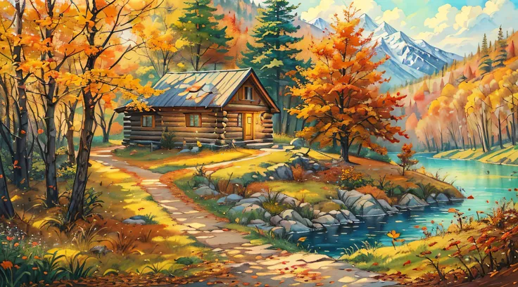 A secluded autumn retreat deep in the mountains, a rustic cabin nestled among colorful trees, a winding path covered in fallen leaves leading to a hidden lake, a sense of tranquility and seclusion, Painting, watercolors on canvas