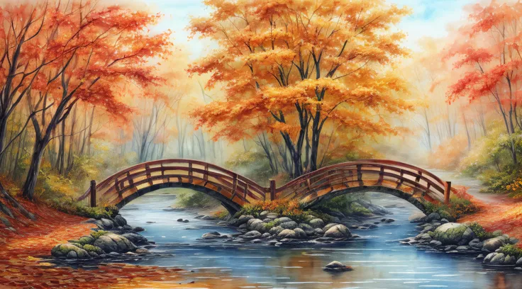 An idyllic autumn forest, leaves ablaze in fiery reds and oranges, a gentle zephyr stirring the foliage, a quaint wooden bridge spanning a clear babbling brook, Watercolor Painting, traditional brushes and paper