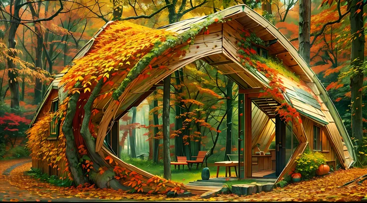 a hidden autumn oasis within an ancient forest, an ethereal cabin embraced by kaleidoscopic foliage, a meandering path strewn wi...