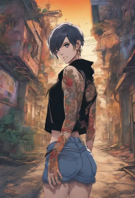 Anime illustration of a young supermodel with a toned physique, In a spicy punk crop top, Low Rise Pants, Messy Short Hair, Demonstration of various intricate tattoos, confidently standing in the middle of an abandoned street in Chiba. . Anime style, Key V...