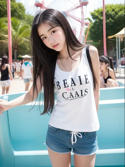 Looks Back，年轻，beach shorts，Long T-shirt，teens girl，Delicate body，petite body，Delicate body，small tits，tiny chest，A dark-haired，Very Longhair，An amusement park