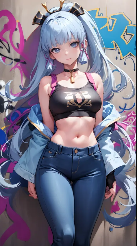 kamisato ayaka|genshin impact, master-piece, bestquality, 1girls,25 years old, proportional body, elongated legs, Beautiful, proportional., crop top, Long Jeans, mediuml breasts, ,bara, crop top, choker, (Graffiti:1.5), Splash with purple lightning pattern...