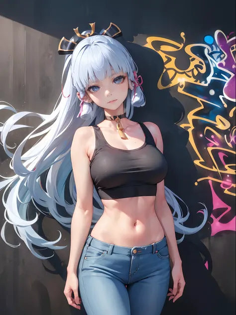 kamisato ayaka|genshin impact, master-piece, bestquality, 1girls,25 years old, proportional body, elongated legs, Beautiful, proportional., crop top, Long Jeans, mediuml breasts, ,bara, crop top, choker, (Graffiti:1.5), arm behind back, View viewers from t...