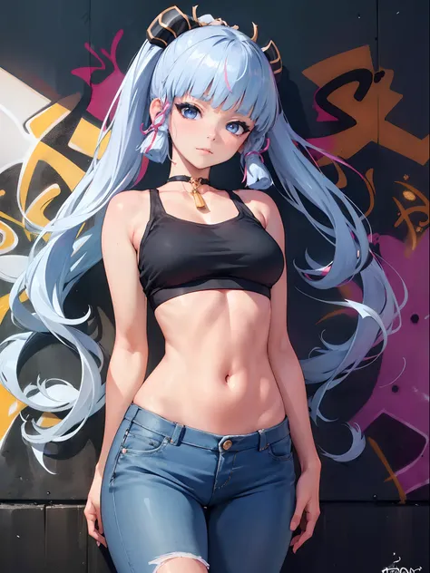 kamisato ayaka|genshin impact, master-piece, bestquality, 1girls,25 years old, proportional body, elongated legs, Beautiful, proportional., crop top, Long Jeans, mediuml breasts, ,bara, crop top, choker, (Graffiti:1.5), arm behind back, View viewers from t...