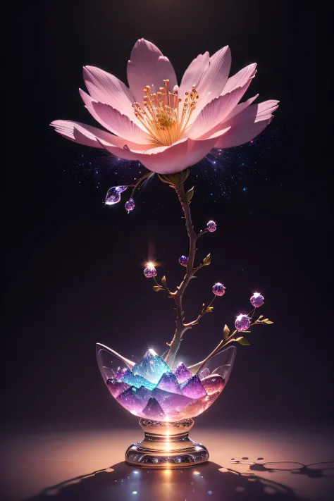 crystal spring blossom,
fantasy, galaxy, transparent, 
shimmering, sparkling, splendid, colorful, 
magical photography, dramatic lighting, photo realism, ultra-detailed, 4k, Depth of field, High-resolution