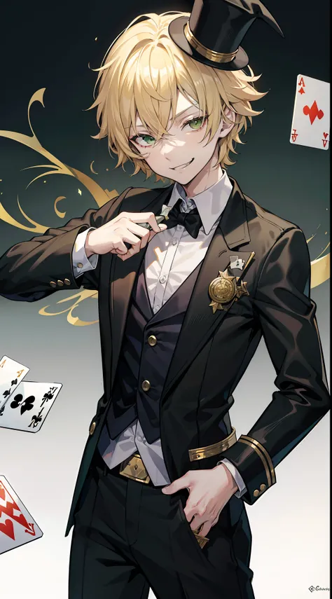 young boy, short curly blonde hair, Green eyes, smirk, evil, wizard hat, Magicians jacket, Magician Form, Gold Elements, cane, playing cards, a joker, Masterpiece, hiquality, 4k, HD, Good detail