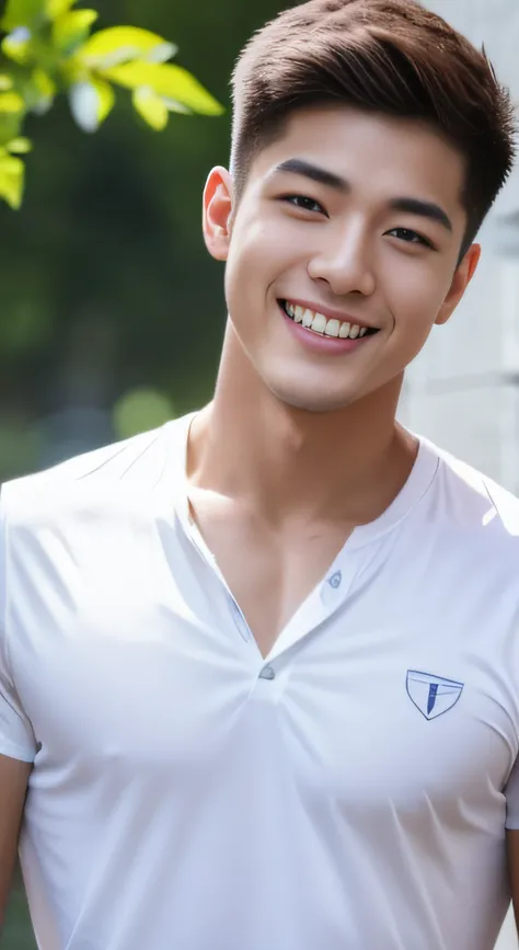 a handsome men ,20 age , short hair hair, korea , thai student，((( wear a white shirt.......))), front-view, smile ,large pector...