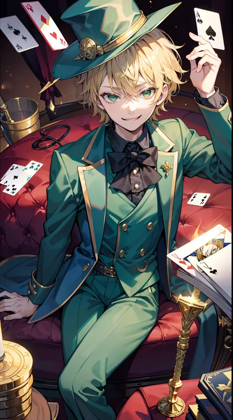 young boy, short curly blonde hair, Green eyes, smirk, evil, wizard hat, Magicians jacket, Magician Form, Gold Elements, cane, playing cards, a joker, Masterpiece, hiquality, 4k, HD, Good detail