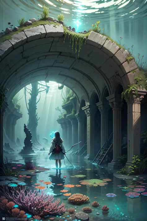 Illustrate a scene where a girl explores ancient underwater ruins, a bioluminescent horn guiding her way through the submerged world, creating an ethereal and mysterious ambiance.