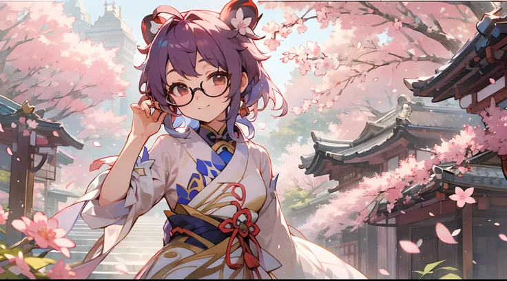 [Genshin Impact 4.0], [Ganyu 4.0], Elegant and beautiful, cute smile, walking, sakura trees, cherry blossom, detailed scenery, perfect posture, glasses, brushing hairs behind ears, 1girl