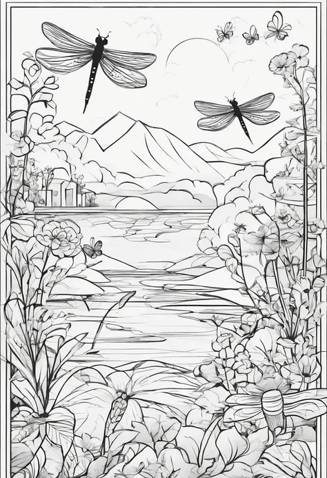 there is a dragonfly in a garden full of children in a sunny day, poster style of image