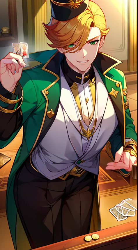 young boy, short curly blonde hair, Green eyes, smirk, evil, wizard hat, Magicians jacket, Magician Form, Gold Elements, cane, playing cards, a joker, Masterpiece, hiquality, 4k, HD, Good detail