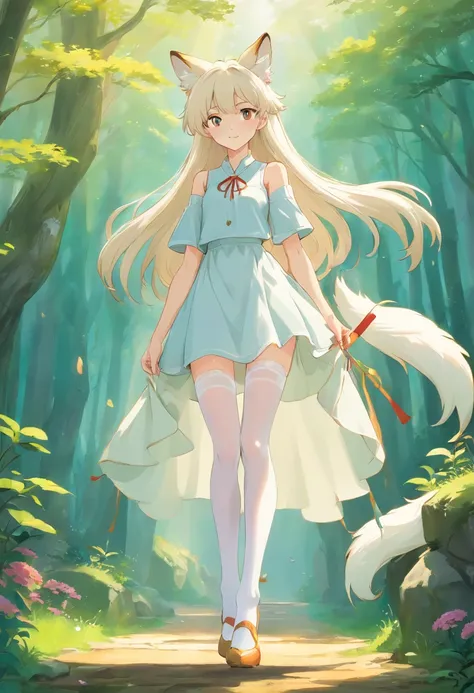 fox ear，Slender calves，white stockings，Masterpiece，Extremely tall girl，Huge maiden，Full limbs，Long-range shots,long  white hair，a white long skirt