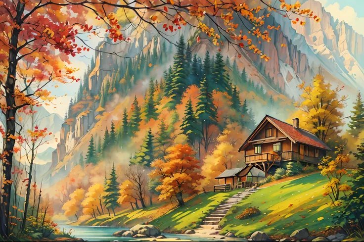 A secluded autumn resort deep in the mountains, The rustic-style cottages are set among colorful trees, Winding paths，It is covered with fallen leaves，Leads to a hidden lake, Peaceful and secluded feeling, Painting, watercolors on canvas