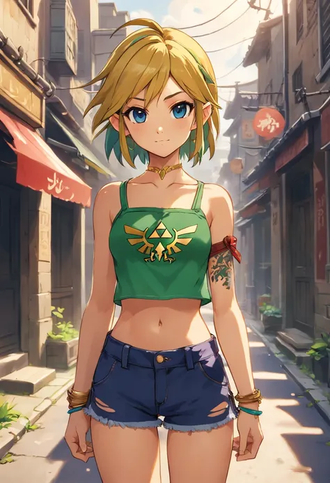 Anime illustration of a young supermodel with a toned physique, In a spicy punk crop top, Low Rise Pants, Messy Short Hair, Demonstration of various intricate tattoos, confidently standing in the middle of an abandoned street in Chiba. . Anime style, Key V...