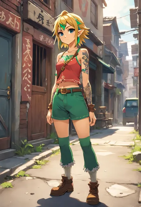 Anime illustration of a young supermodel with a toned physique, In a spicy punk crop top, Low Rise Pants, Messy Short Hair, Demonstration of various intricate tattoos, confidently standing in the middle of an abandoned street in Chiba. . Anime style, Key V...