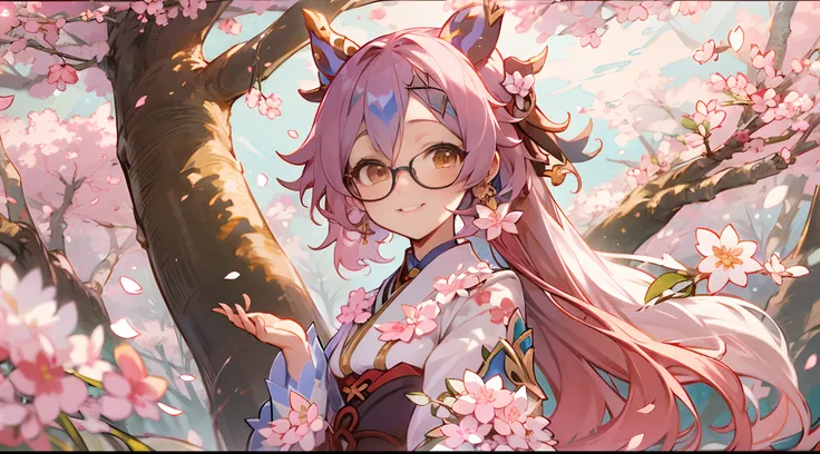 [Genshin Impact 4.0], [Ganyu 4.0], [Lumine 4.0], [Paimon 4.0], Elegant and beautiful, cute smile, walking, sakura trees, cherry blossom, detailed scenery, perfect posture, glasses, brushing hairs behind ears, lumine smiling and paimon floating and eating