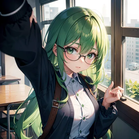 a girl, cute, green hair, nerd