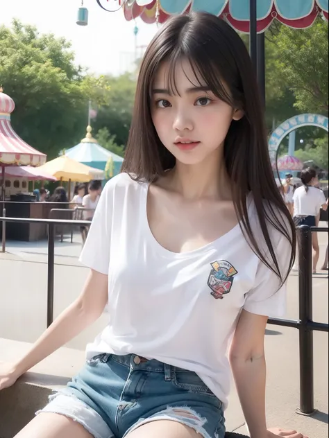 Sit up，年轻，shortpants，Long white T-shirt，teens girl，Delicate body，petite body，Delicate body，small tits，tiny chest，A dark-haired，Very Longhair，An amusement park