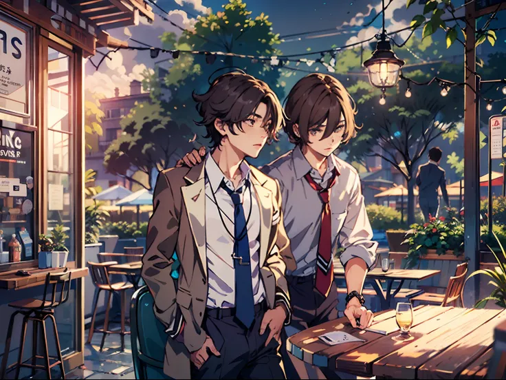 2boys,11 only、(Mans :2),(bobhair:1.5)、A dark-haired、Brown hair、Suits、Brightly colored ties、chum、cafes、Trees、Clouds and dusk,Natural lighting、hightquality、masutepiece,8K,hight resolution、