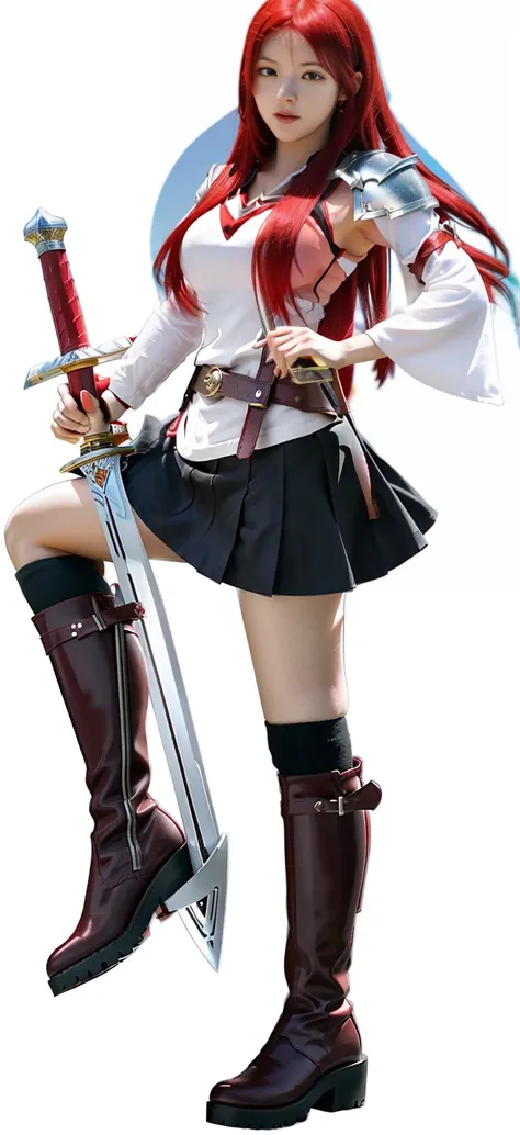 a woman in a skirt and boots holding a sword, Erza Scarlet from Fairy Tail, action girl, red hair, templar armor body, large sword, long bood, glow skin, earing, brave expression