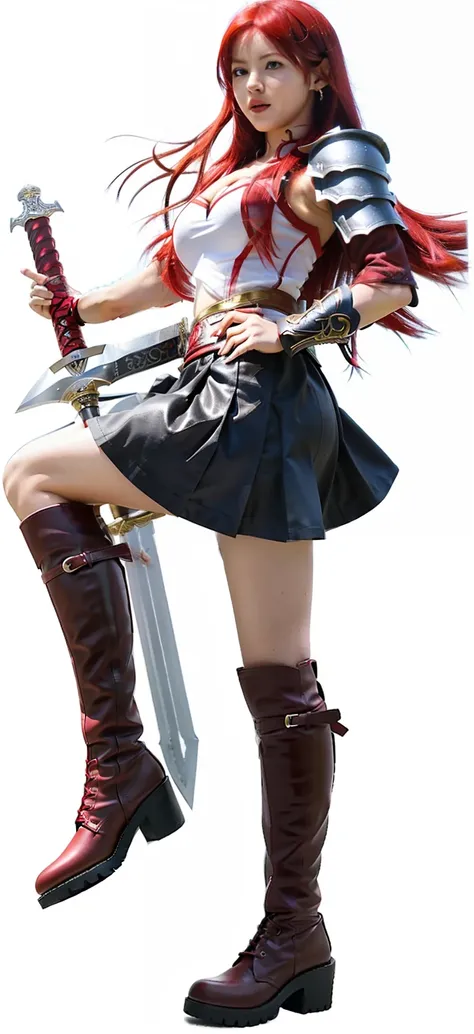 a woman in a skirt and boots holding a sword, Erza Scarlet from Fairy Tail, action girl, red hair, templar armor body, large sword, long bood, glow skin, earing, brave expression