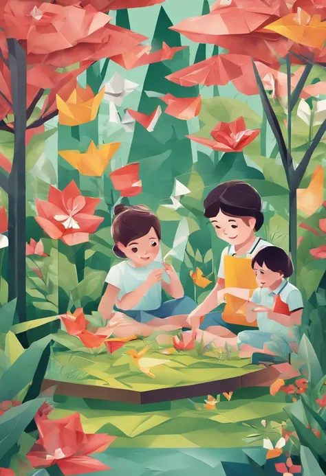 children making origami in a garden