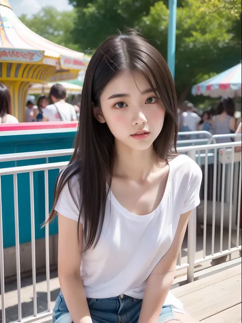 Sit up，年轻，shortpants，Long white T-shirt，teens girl，Delicate body，petite body，Delicate body，small tits，tiny chest，A dark-haired，Very Longhair，An amusement park