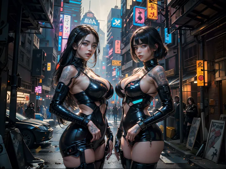 (Beautiful Asian identical twin cyberpunk girls (facing camera)), cowboy shot, ((ultra detailed neon cyberpunk futuristic city )), black long shapeless hair, detailed and intricate ((cyberpunk city streets background)), featuring high-tech holographic proj...