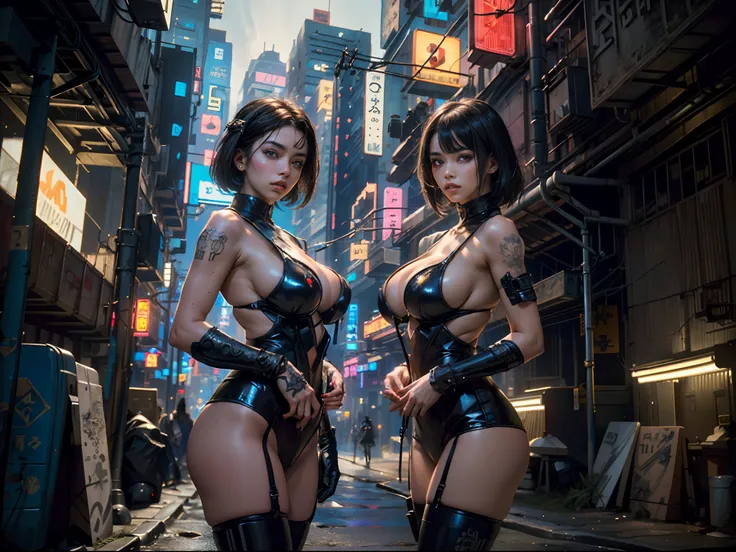 (Beautiful Asian identical twin cyberpunk girls (facing camera)), cowboy shot, ((ultra detailed neon cyberpunk futuristic city )), black long shapeless hair, detailed and intricate ((cyberpunk city streets background)), featuring high-tech holographic proj...