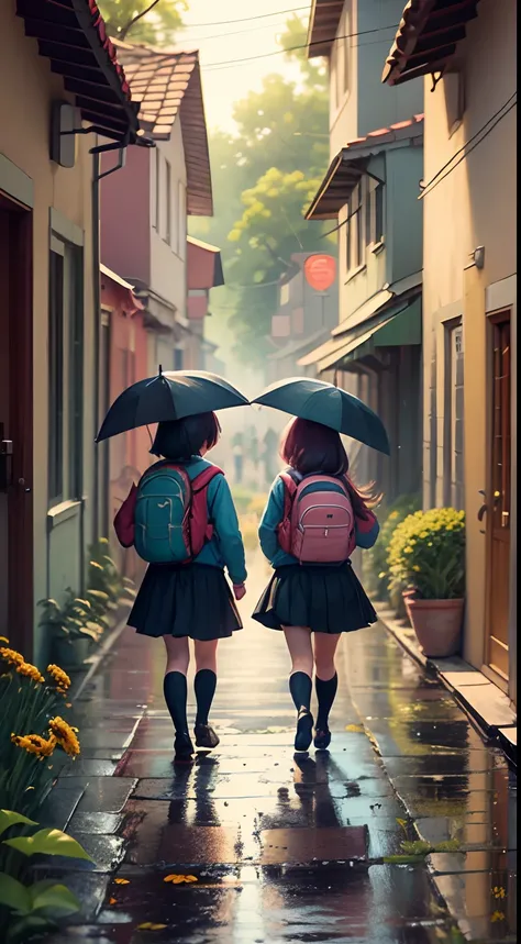 cartoon girl and boy in a old village road with a backpack, school uniform, long skirt, coming from school , books in hands, rainy, twilight, childrens art in artstation, cute detailed digital art, cute art style, cute detailed artwork, adorable digital pa...