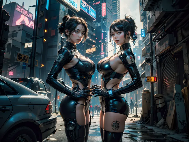 (Beautiful Asian identical twin cyberpunk girls (holding each other)), cowboy shot, ((ultra detailed neon cyberpunk futuristic city )), black long shapeless hair, detailed and intricate ((cyberpunk city streets background)), featuring high-tech holographic...