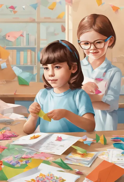 realistic looking children making origami in schoolyard