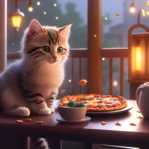 A cat sits on the table, on which lies the pizza, adorable digital painting, cute detailed digital art, Cat eating pizza, Cute digital art, highly detailed 4k digital art, detailed painting 4 k, Food Commerce 4K, Buttercup eating pizza, Anime visual image ...