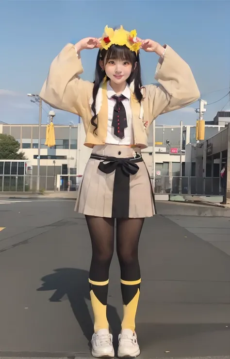 High school girl wearing colorful yellow mini kimono、Bulging breasts、beautiful foot、semi long hair、、Good Style、Black tights、horn ornament、A dark-haired