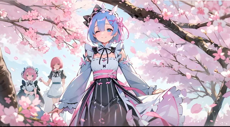 [Anime 4.0], [Re:Zero 4.0], [Rem and Ram 4.0], blue and pink hairs, pink ribbon, black and white maid outfit, maid, cute and beautiful, smile, highly recommend, highlights, sakura trees, cherry blossom, walking, brushing hairs, sisters