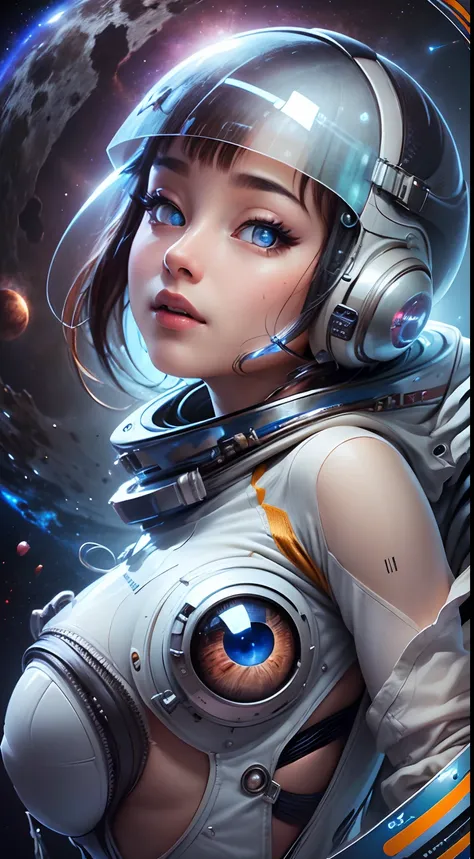 (Innovative design)、Create ultra-detailed and futuristic images of beauty astronauts,(Spacesuit with futuristic design) 、(((((Spacesuit with clear body lines)))))、24 year old、Colossal tits、Earth Eye、