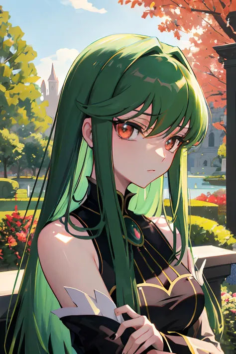 masterpiece, best quality, Cute, expressionless, cool,insanely detailed eyes, ultra-detailed, finely detail, long hair, looking at viewer, public garden, beautiful background, ultra-detailed, highres,beautiful detailed eyes code geass,, c.c., green hair, r...