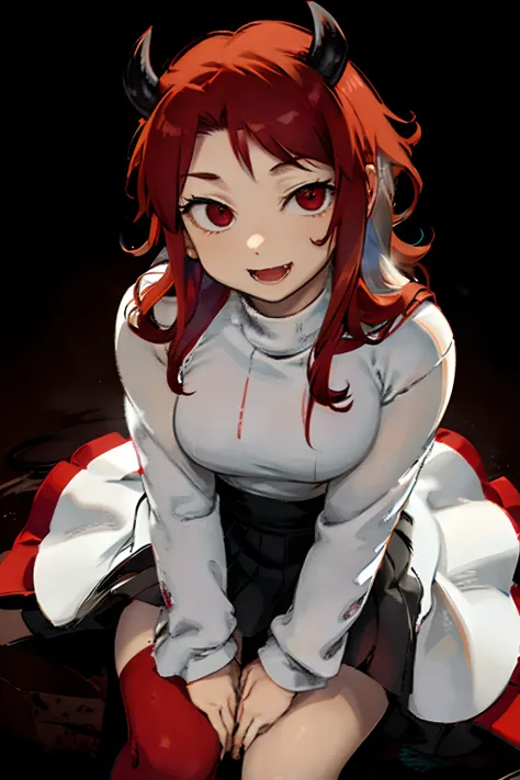 Red hair
Fangs
Sits
White sweater
Demon girl with small horns
A slight smile
The eye is black
Background space