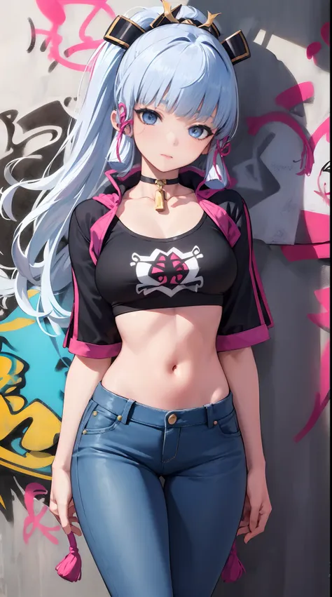 kamisato ayaka|genshin impact, master-piece, bestquality, 1girls,25 years old, proportional body, elongated legs, Beautiful, proportional., crop top, Long Jeans, mediuml breasts, ,bara, crop top, choker, (Graffiti:1.5), Splash with purple lightning pattern...