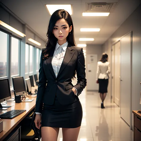 a fashionable young woman wearing suits standing in a office room