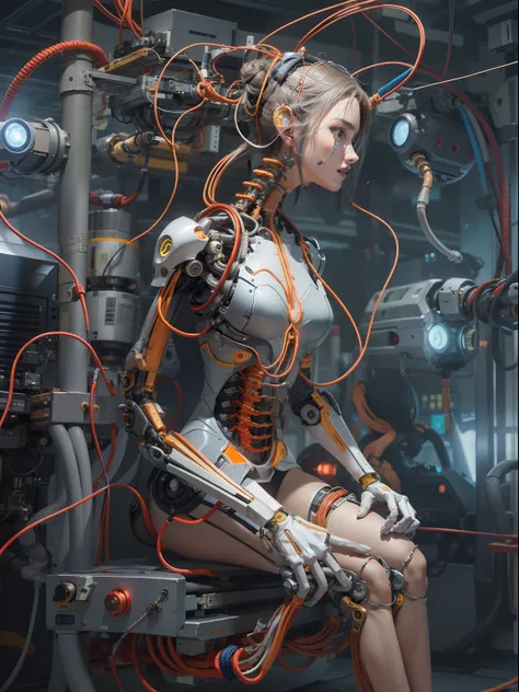 (absurdres, highres, ultra detailed), 1woman, solo, mature, (from side),cinematic light,(machine made joints:1.2),((machanical limbs)),(vessels connected to tubes),(mechanical vertebra attaching to back),((mechanical cervial attaching to neck)),(sitting),e...