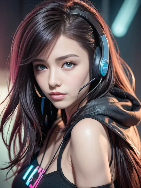 Wear cyberpunk complex streetwear, Beautiful, girl, headset on head, Enamel Shorts, detailed portrait, 4 k, Bright colors, Concept art, With a cinematic and dramatic atmosphere, huge tit, Sharp Focus, Volumetric lighting, Cinematic lighting, Studio Quality