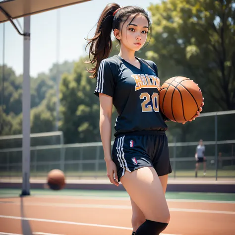 a sports young woman wearing basketball wear standing in a basketball field